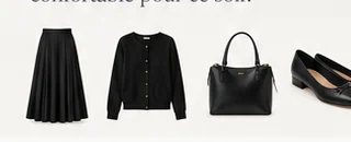 Jupe, cardigan, sac et chaussures noirs